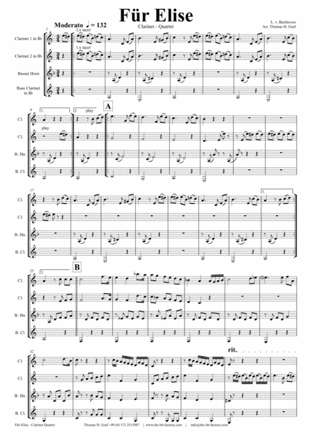 For Elise Ludwig Van Beethoven Clarinet Quartet Sheet Music