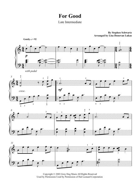 For Good From Wicked Late Intermediate Piano Sheet Music