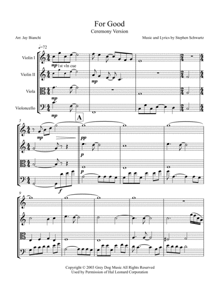 For Good String Quartet Sheet Music