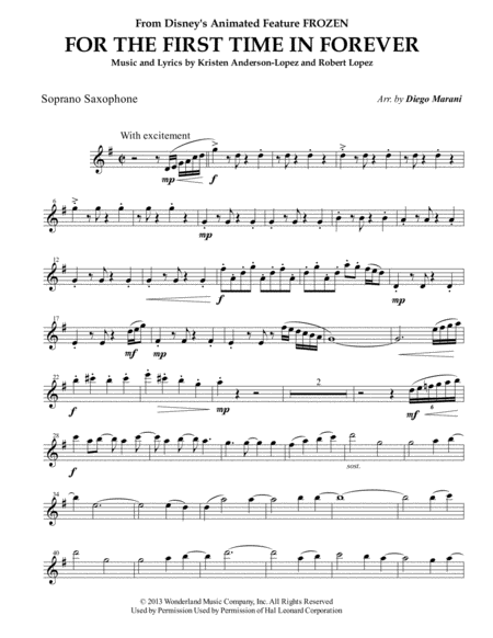 For The First Time In Forever From Frozen For Saxophone Quartet Sheet Music