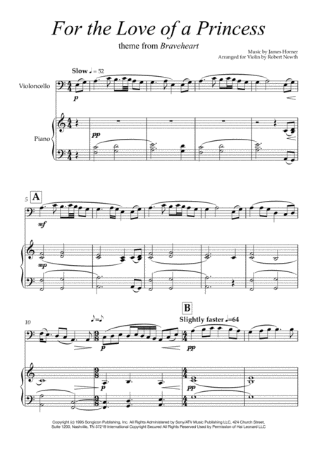 For The Love Of A Princess Braveheart Theme For Cello And Piano Sheet Music