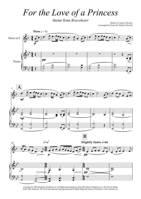 Free Sheet Music For The Love Of A Princess Braveheart Theme For Horn And Piano