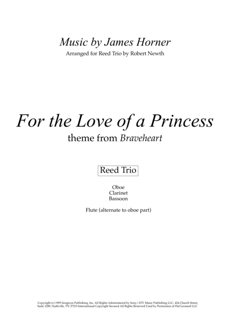 Free Sheet Music For The Love Of A Princess Theme From Braveheart For Reed Trio