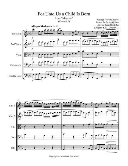 For Unto Us A Child Is Born From Messiah F String Quintet Sheet Music