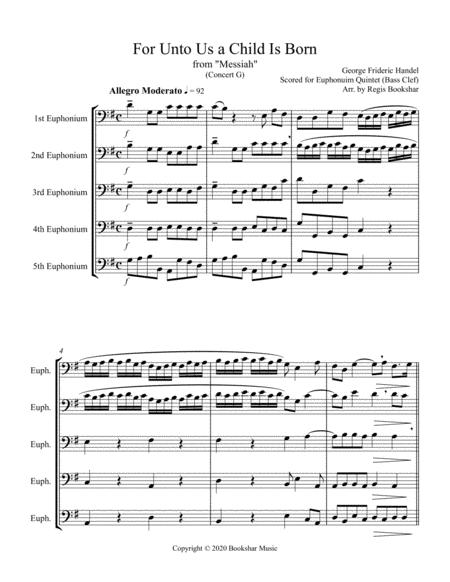 For Unto Us A Child Is Born From Messiah G Euphonium Quintet Bass Clef Sheet Music