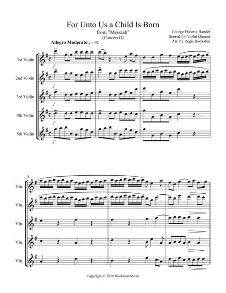 For Unto Us A Child Is Born From Messiah G Violin Quintet Sheet Music