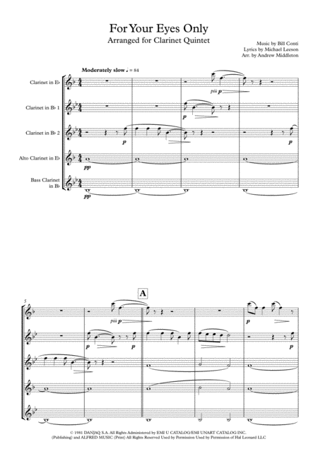 For Your Eyes Only For Clarinet Quintet Sheet Music