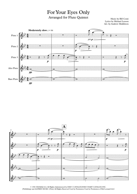 For Your Eyes Only For Flute Quintet Sheet Music