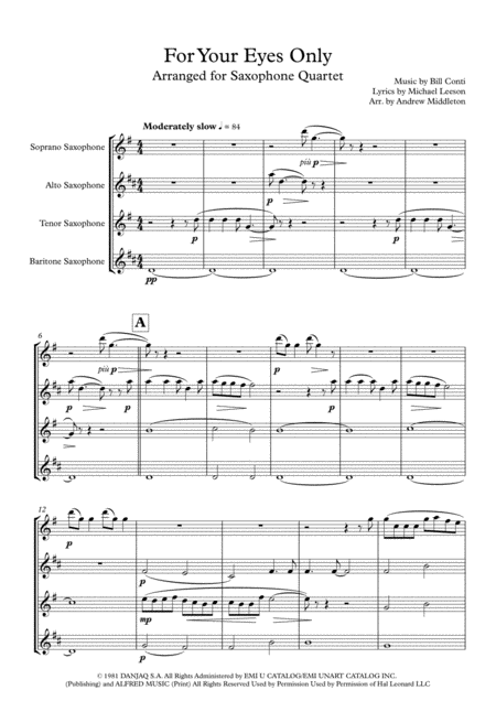 Free Sheet Music For Your Eyes Only For Saxophone Quartet