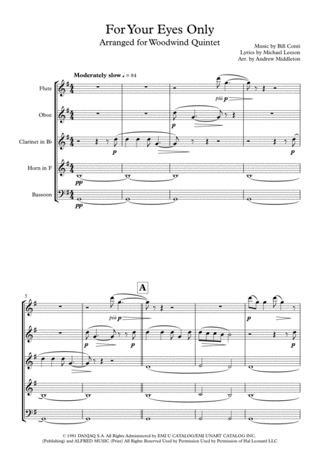 For Your Eyes Only For Woodwind Quintet Sheet Music