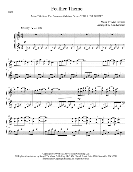 Forrest Gump Feather Theme Arranged For Harp In C No Levers Required Sheet Music