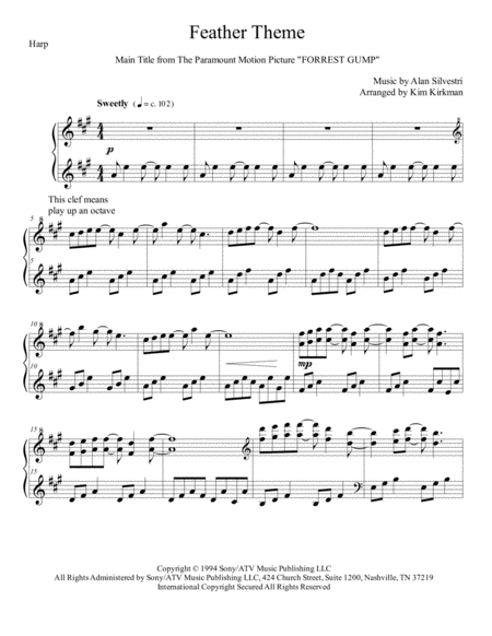 Forrest Gump Feather Theme Arranged For Solo Harp In Original Key A Major Sheet Music