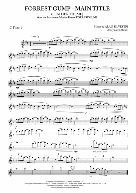 Forrest Gump Main Title Feather Theme For Flute Quartet Sheet Music