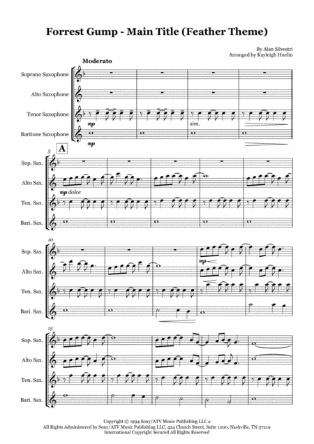 Forrest Gump Main Title Feather Theme Saxophone Quartet Satb Sheet Music