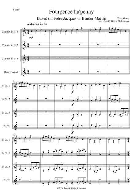 Free Sheet Music Fourpence Ha Penny Or Variations On Frre Jacques For Clarinet Quartet