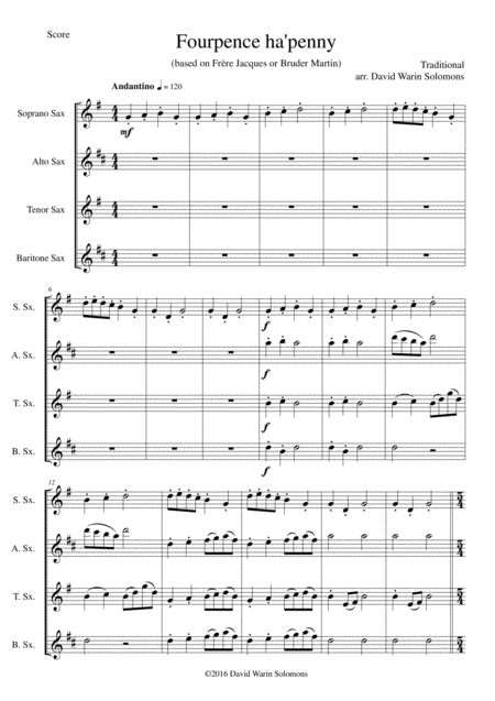 Free Sheet Music Fourpence Ha Penny Or Variations On Frre Jacques For Saxophone Quartet