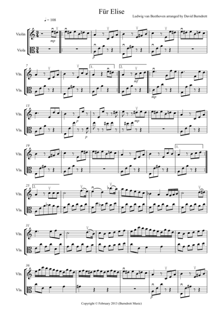 Free Sheet Music Fr Elise For Violin And Viola Duet