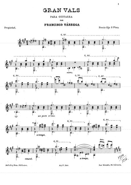 Free Sheet Music Francisco Tarrega Gran Vals Original Version