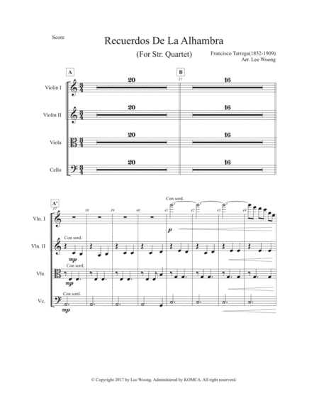 Francisco Trrega Recuerdos De La Alhambra For Str Quartet String Score Sheet Music