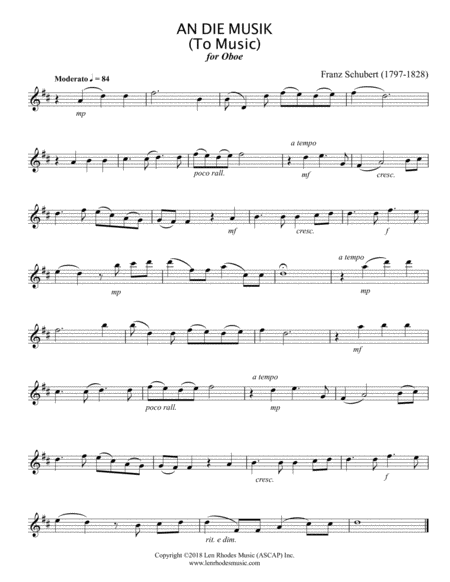 Franz Schubert An Die Musik For Solo Unaccompanied Oboe Sheet Music