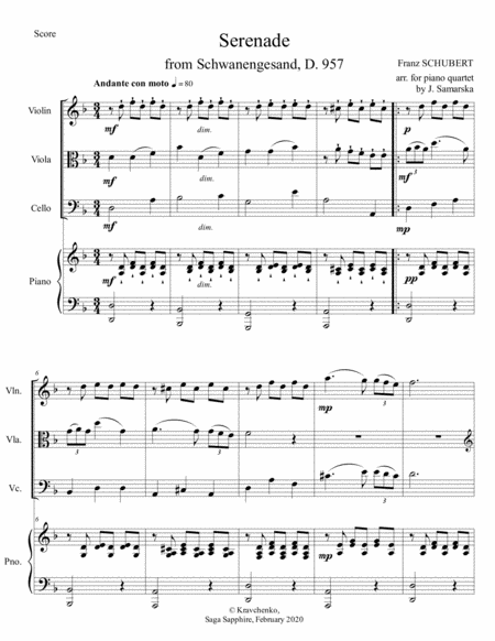 Franz Schubert Serenade From Schwanengesand Arr For Piano Quartet Score And Parts Sheet Music