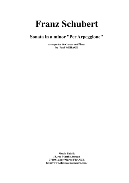 Franz Schubert Sonata In A Minor Per Arpeggione Arranged For Bb Clarinet And Piano Sheet Music