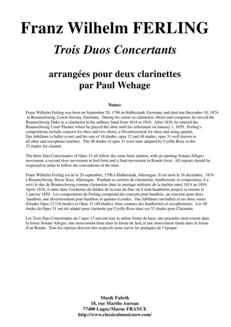 Franz Wilhelm Ferling 3 Duos Concertants Op 13 Arranged For Two Clarinets By Paul Wehage Sheet Music