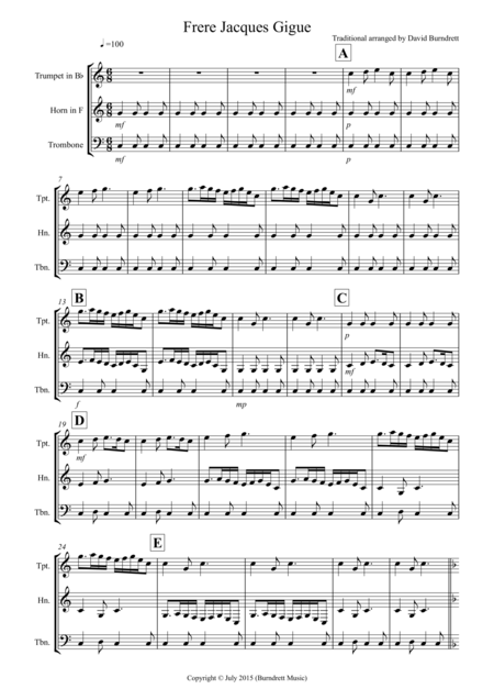 Free Sheet Music Frere Jacques Gigue For Brass Trio