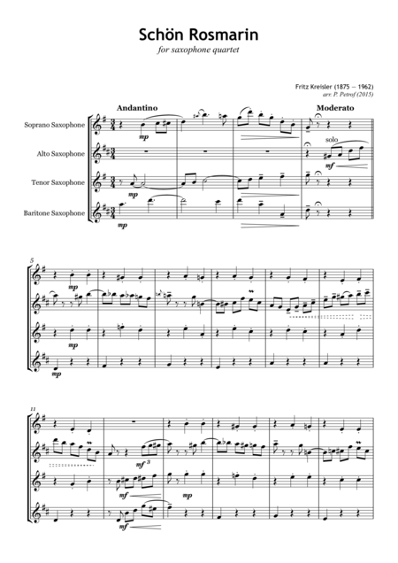 Free Sheet Music Fritz Kreisler Schon Rosmarin For Saxophone Quartet Score And Parts