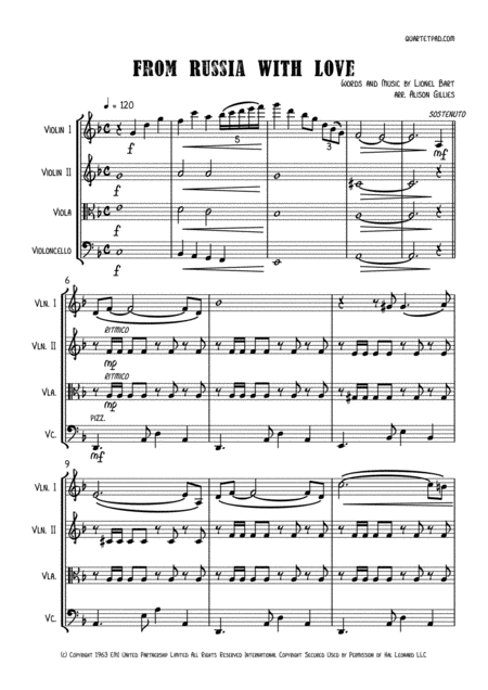 Free Sheet Music From Russia With Love String Quartet