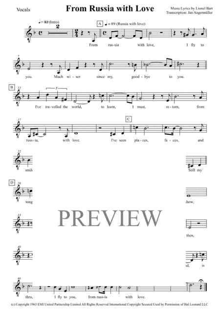 From Russia With Love Transcription Of Original Recording For Jazz Band And Vocals Sheet Music