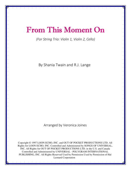 From This Moment On For String Trio Violin 1 Violin 2 Cello Sheet Music