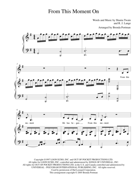 Free Sheet Music From This Moment On Shania Twain Arr Brenda Portman