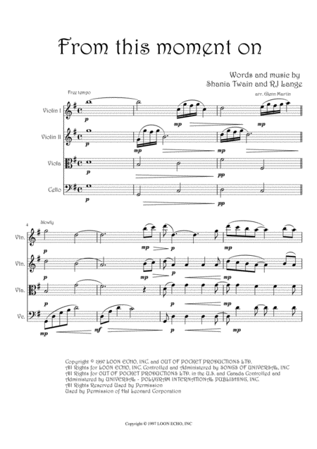 From This Moment On Shania Twain String Quartet Sheet Music