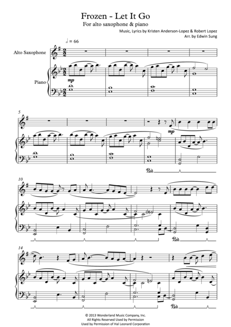 Free Sheet Music Frozen Let It Go For Alto Saxophone Piano Including Part Score