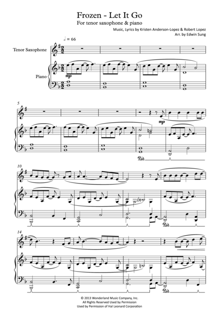 Free Sheet Music Frozen Let It Go For Tenor Saxophone Piano Including Part Score