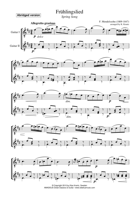 Fruhlingslied Spring Song Abridged For Guitar Duo Sheet Music