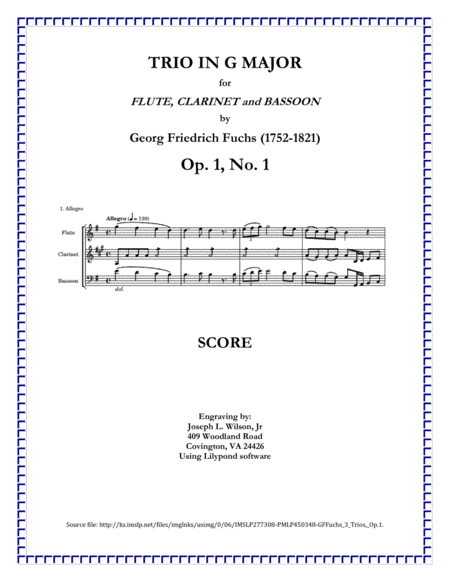 Fuchs Trio No 1 In G Major For Flute Clarinet And Bassoon Sheet Music