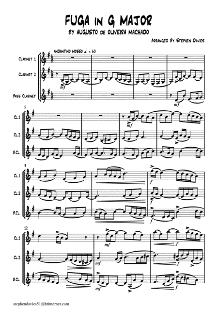 Fuga In G Major By Augusto De Oliviera Machado For Clarinet Trio Sheet Music