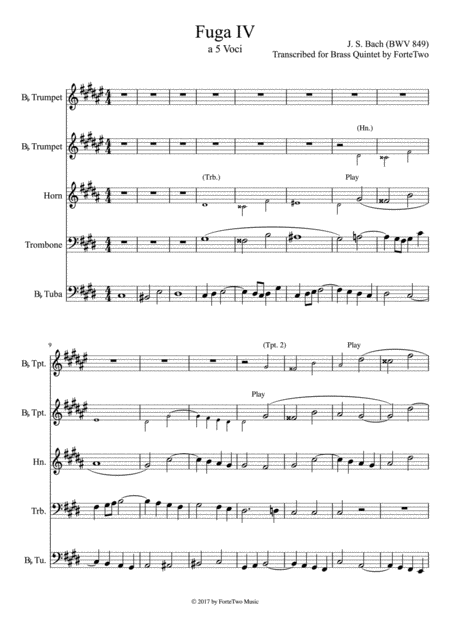 Free Sheet Music Fuga Iv From Well Tempered Clavier Book 1 Bwv 849 For Brass Quintet