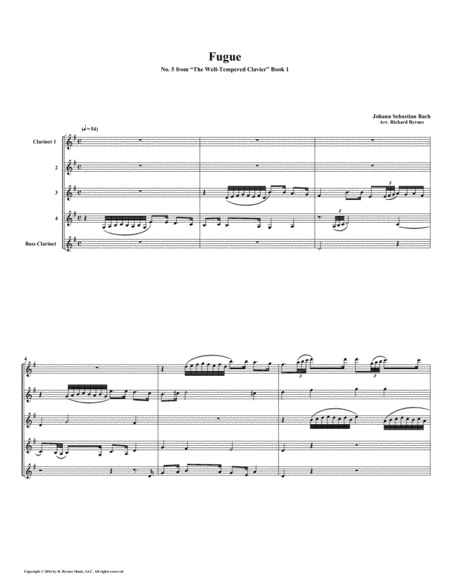 Fugue 05 From Well Tempered Clavier Book 1 Clarinet Quintet Sheet Music