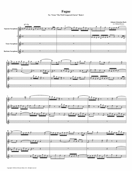 Fugue 07 From Well Tempered Clavier Book 1 Saxophone Quartet Sheet Music