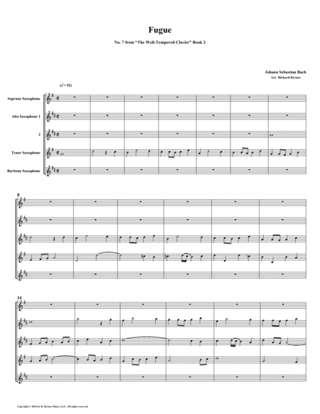Free Sheet Music Fugue 07 From Well Tempered Clavier Book 2 Saxophone Quintet