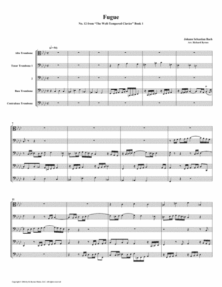 Fugue 12 From Well Tempered Clavier Book 1 Trombone Quintet Sheet Music