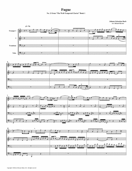 Free Sheet Music Fugue 13 From Well Tempered Clavier Book 1 Brass Quartet