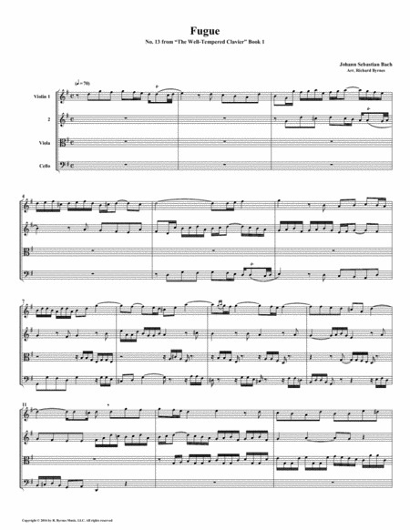 Fugue 13 From Well Tempered Clavier Book 1 String Quartet Sheet Music