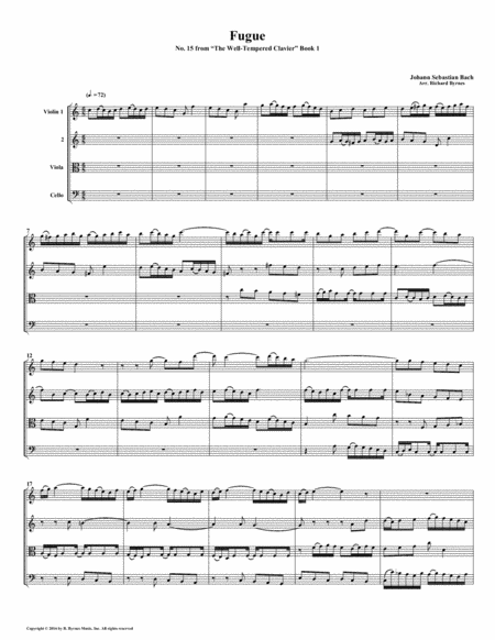 Free Sheet Music Fugue 15 From Well Tempered Clavier Book 1 String Quartet