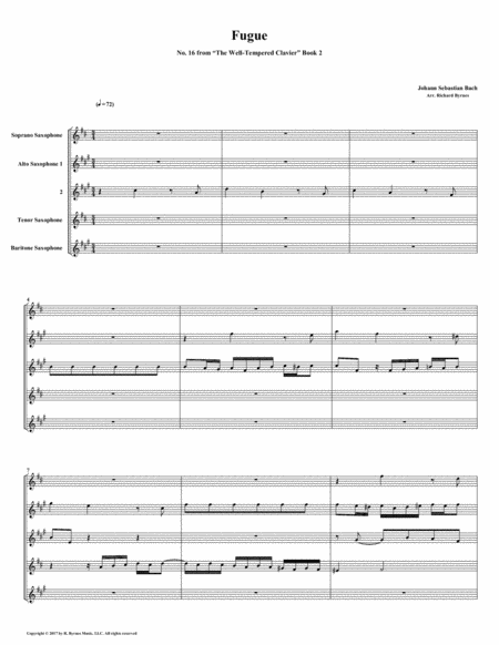 Fugue 16 From Well Tempered Clavier Book 2 Saxophone Quintet Sheet Music