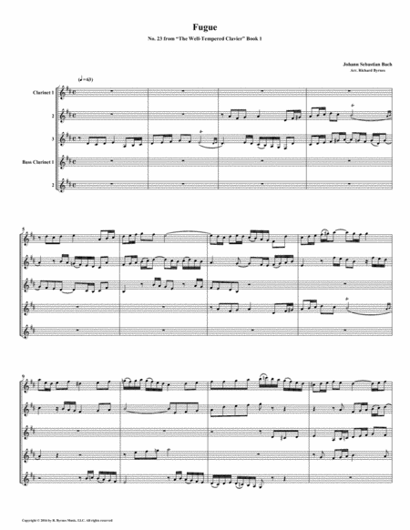 Fugue 23 From Well Tempered Clavier Book 1 Clarinet Quintet Sheet Music