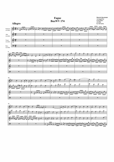 Fugue Buxwv 174 C Major Arrangement For 4 Recorders Sheet Music